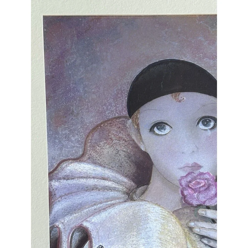 Vintage Marilyn Ward Manifestations Foil Art Framed Harlequin Girl With Rose - Picture 5 of 14